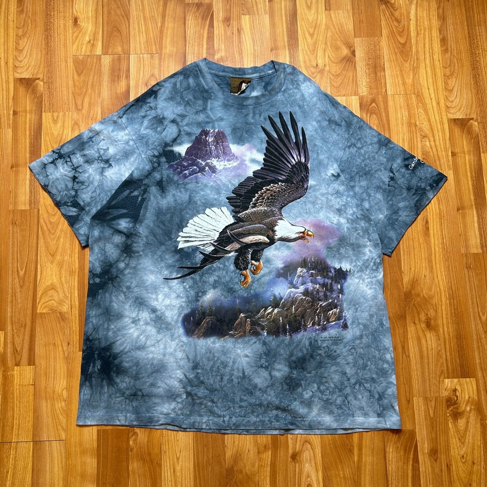 Vintage 1997 The Mountain Mens Eagle T Shirt XXL Blue Tie Dye Suede Tag